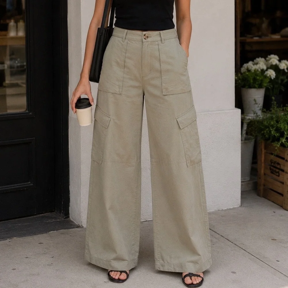 MNG Mango Cargo Pants Woman 6 Beige Wide Leg Lightweight Utility Casual Trousers
